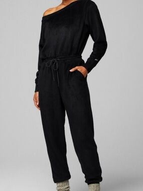 Fabletics Black Off-Shoulder Drawstring Jumpsuit